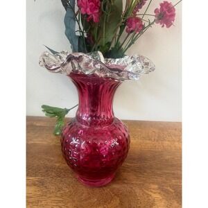 Vintage Cranberry Glass Vase Clear Ruffled Rim Diamond Optic Art Glass Rose Bowl